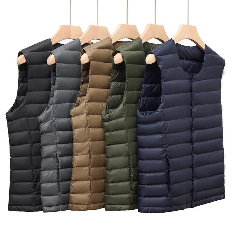 Lightweight men's down vest, ideal sleeveless jacket for travel and transitional outerwear.