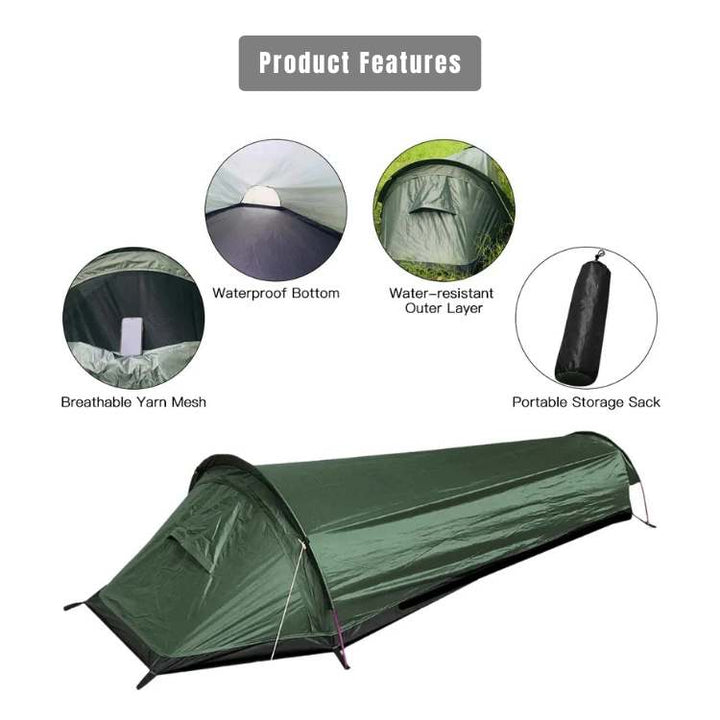Single person ultralight tent set up in a scenic mountain landscape, ideal for backpacking & outdoor adventures.