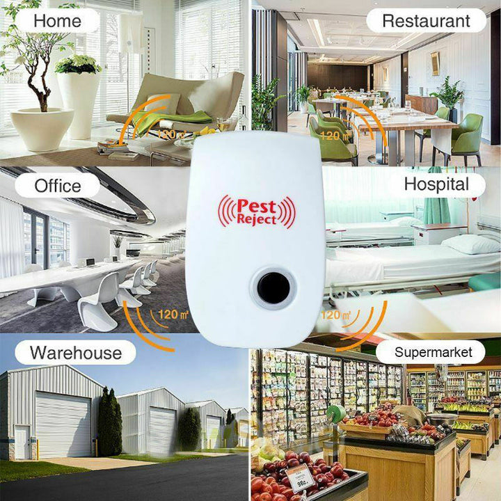 "Ultrasonic pest repeller for indoor and outdoor use, sleek white device, offers chemical-free and odorless pest control."