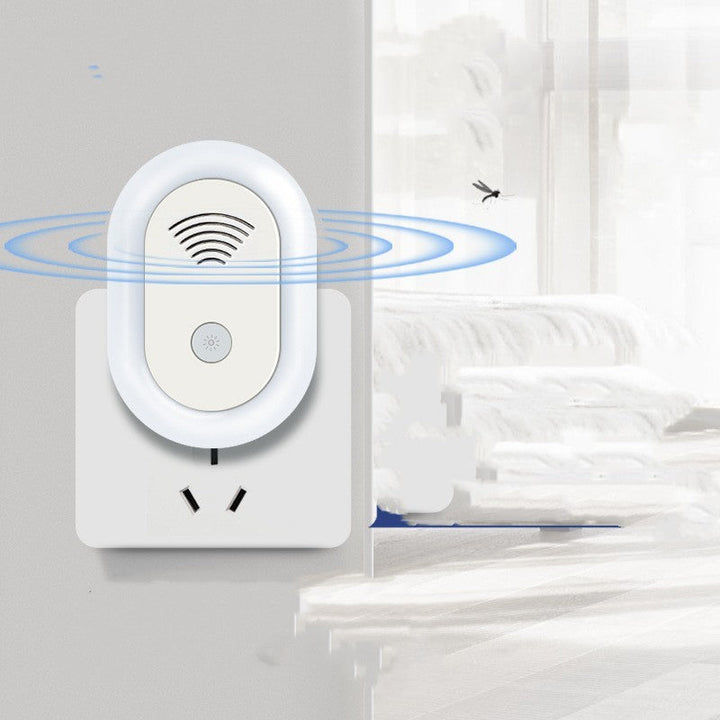 Ultrasonic Pest Repeller for Indoor Use, chemical-free, discreet white design, targets mosquitoes and rodents.