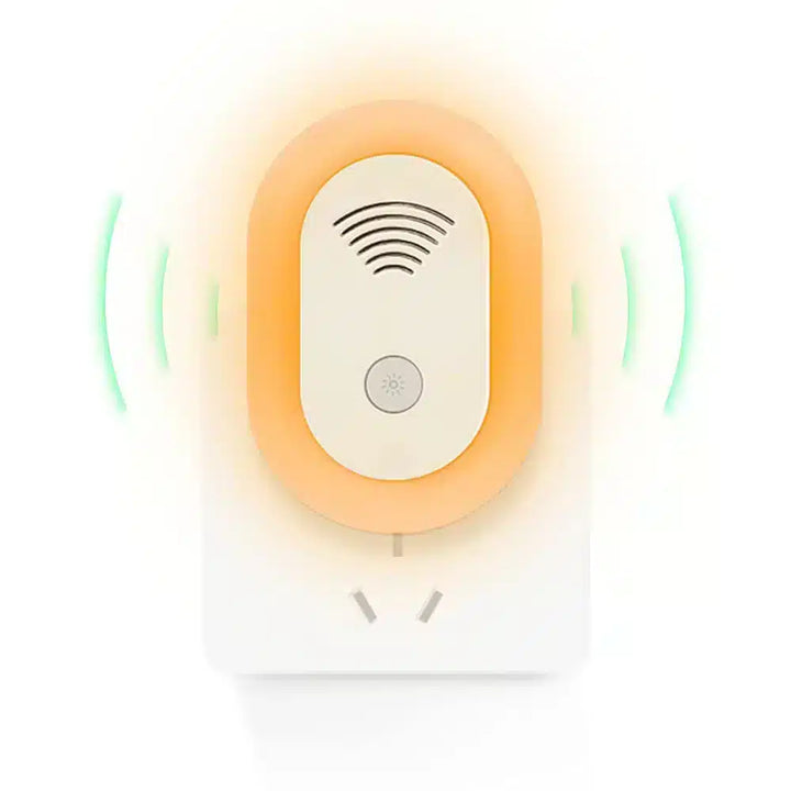 Ultrasonic Pest Repeller for Indoor Use, chemical-free, discreet white design, targets mosquitoes and rodents.