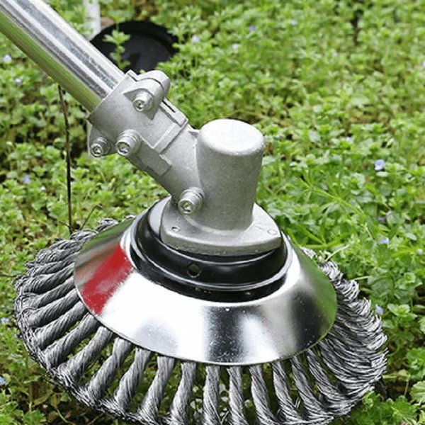 Unbreakable wired grass trimmer blade with round edge, durable stainless steel, ideal for removing weeds and overgrown grass.