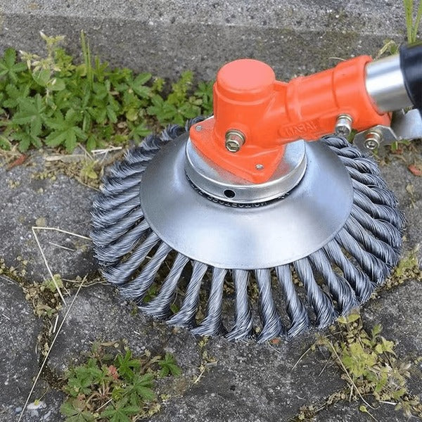Unbreakable wired grass trimmer blade with round edge, durable stainless steel, ideal for removing weeds and overgrown grass.