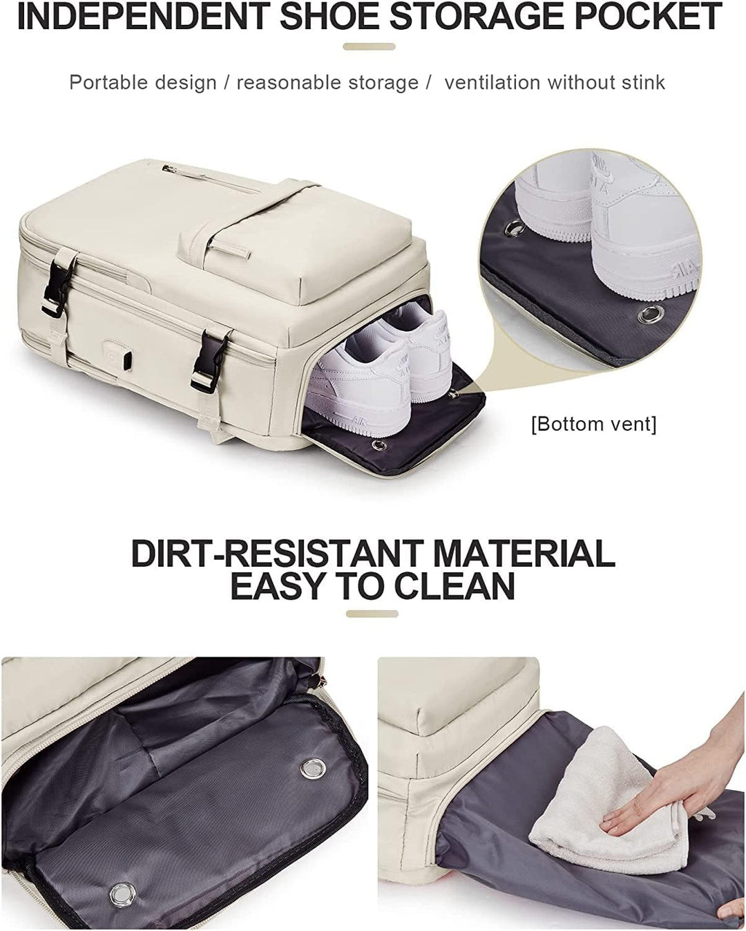 Spacious unisex travel backpack, 40L, waterproof, with dedicated shoe & laptop compartments.