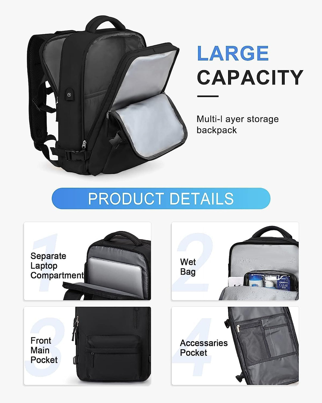 Waterproof travel backpack, 40L, anti-theft design, with shoe pocket & integrated USB charger.
