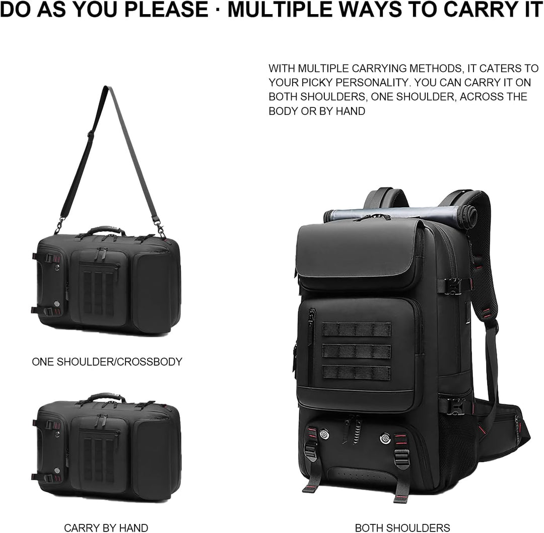 Unisex 50L waterproof travel backpack & commuter bag. Features USB port & practical shoe compartment.