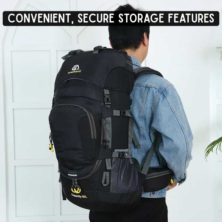 60L waterproof hiking backpack with multiple compartments & ergonomic design for long treks & camping.