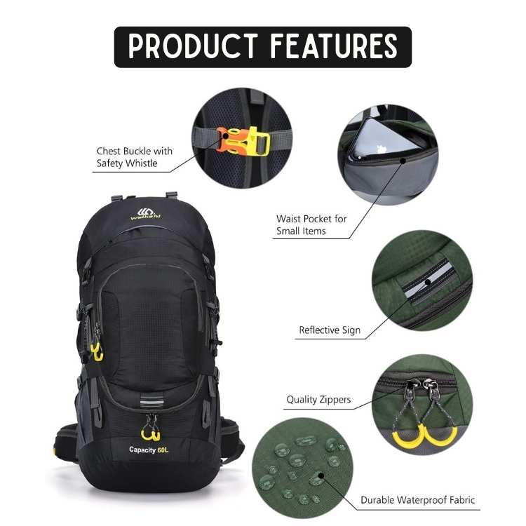 Close-up of waterproof fabric & durable zippers on a 60L adventure backpack, ideal for camping & travel.