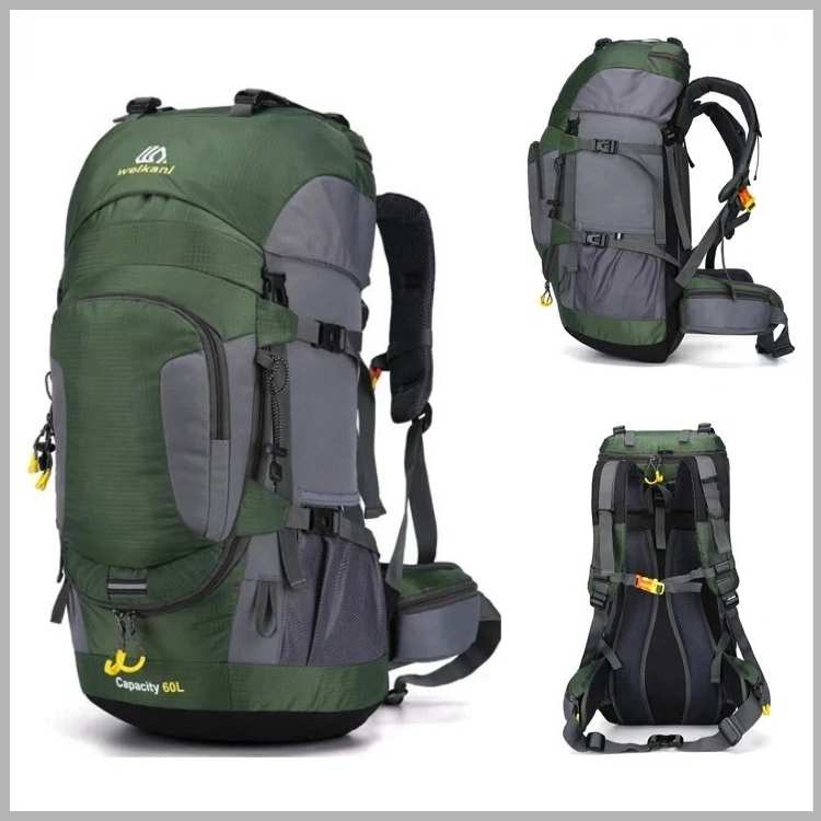Empty 60L waterproof adventure backpack showcasing spacious main compartment & side pockets for organized travel.