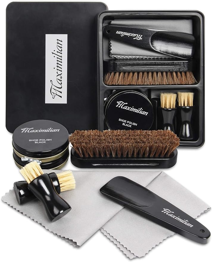 Unisex 7-piece professional shoe shine & care kit for leather footwear, neatly arranged.