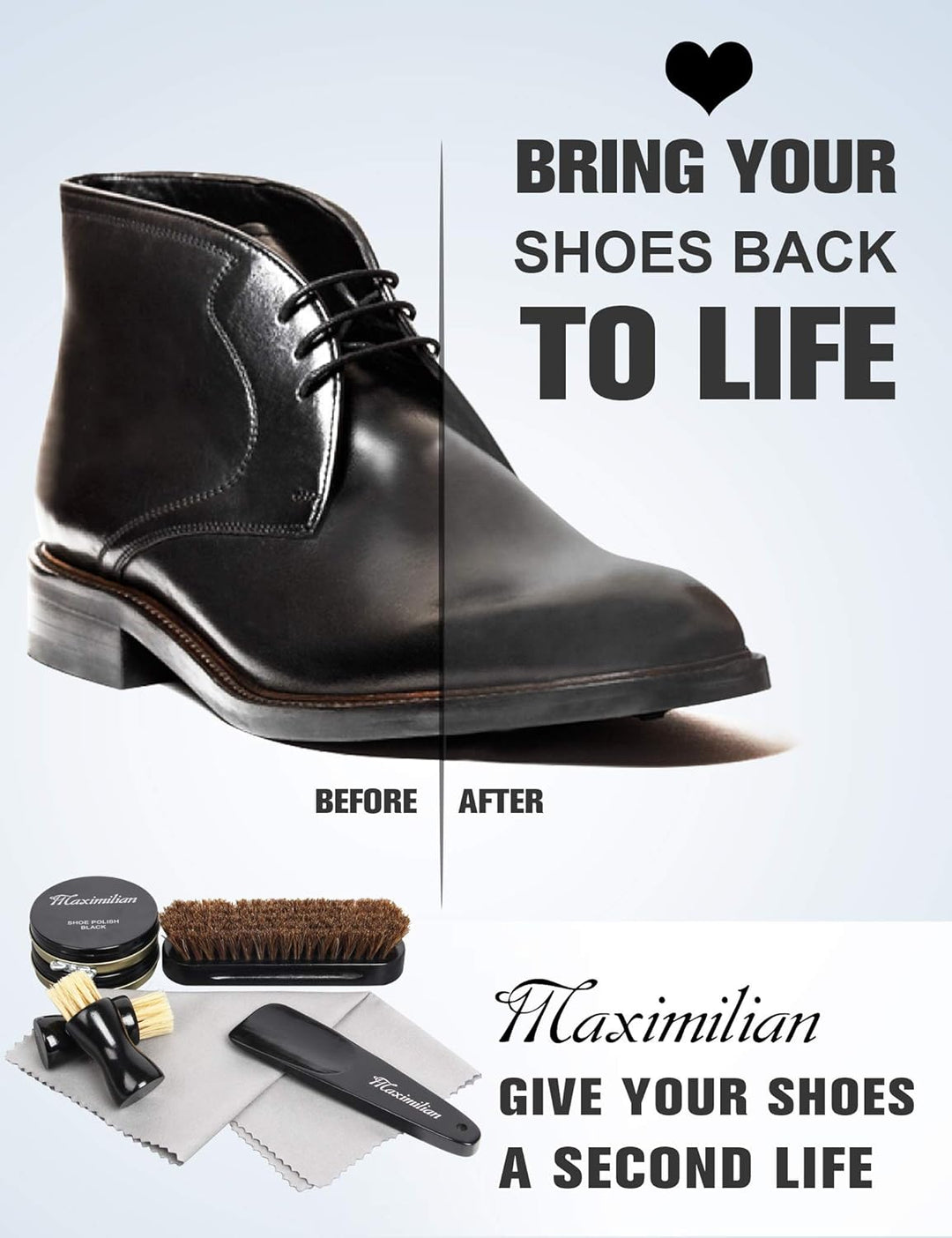 Close-up of a shoe shine kit with brushes, shoe cream, and polishing cloth, ideal for leather shoes.