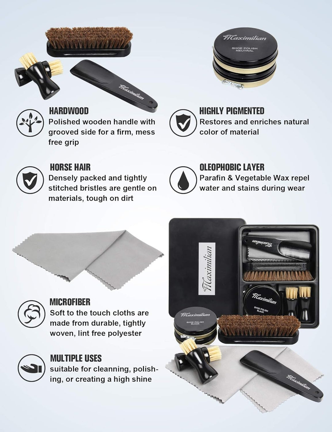 Open shoe care kit displaying various tools for shining and cleaning leather shoes and boots.