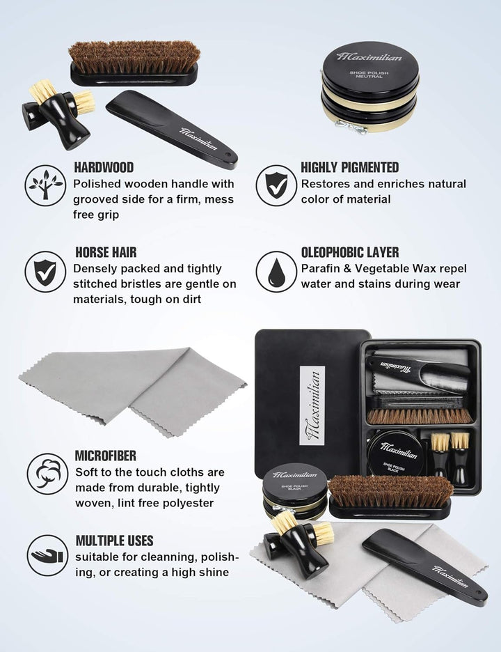 Open shoe care kit displaying various tools for shining and cleaning leather shoes and boots.