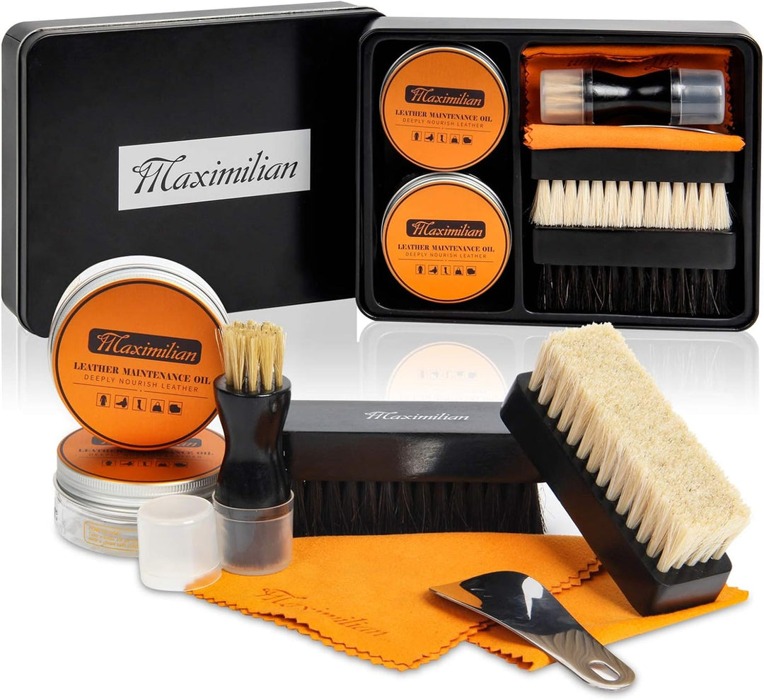 Essential 7-piece shoe polish and care kit, perfect for maintaining the luster of all leather shoes.