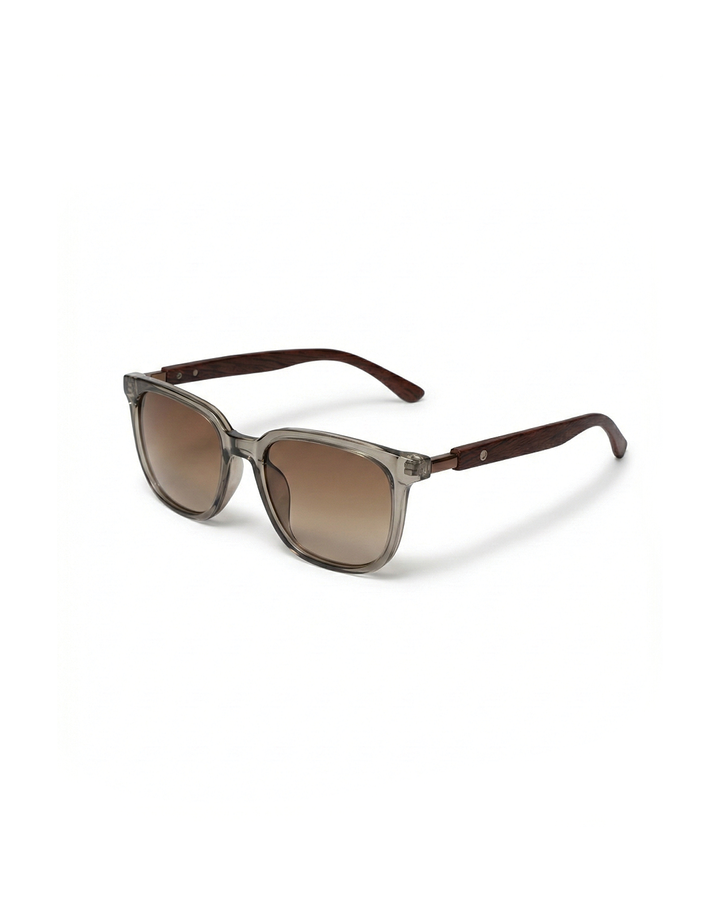 Unisex acetate & wood frame sunglasses with dark tinted lenses, modern design, stylish fashion accessory.
