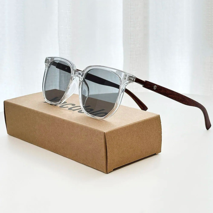 Stylish unisex eyewear: acetate & wood frame sunglasses with dark lenses for optimal UV protection.