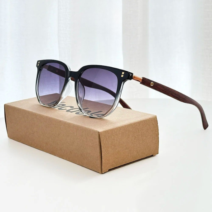 Modern design unisex sunglasses, combining durable acetate with natural wood, trendy accessory.