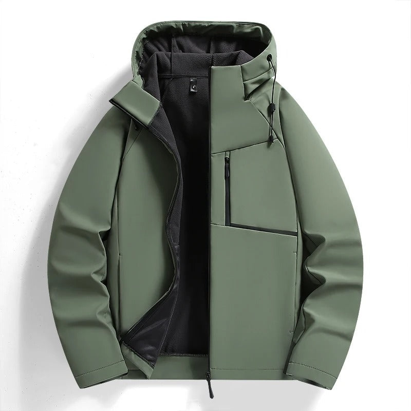 Casual unisex outdoor jacket with hood, offering all-weather protection and a warm fleece lining