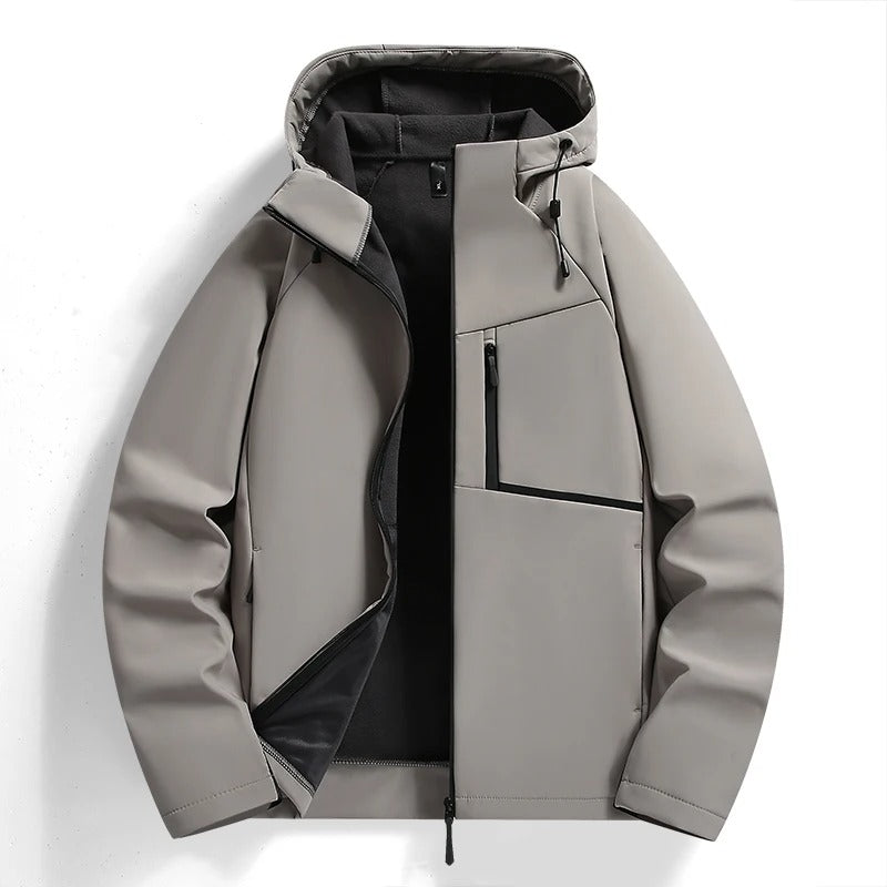 Classic windbreaker hooded jacket, rain-resistant & fleece-lined for men's and women's outdoor wear