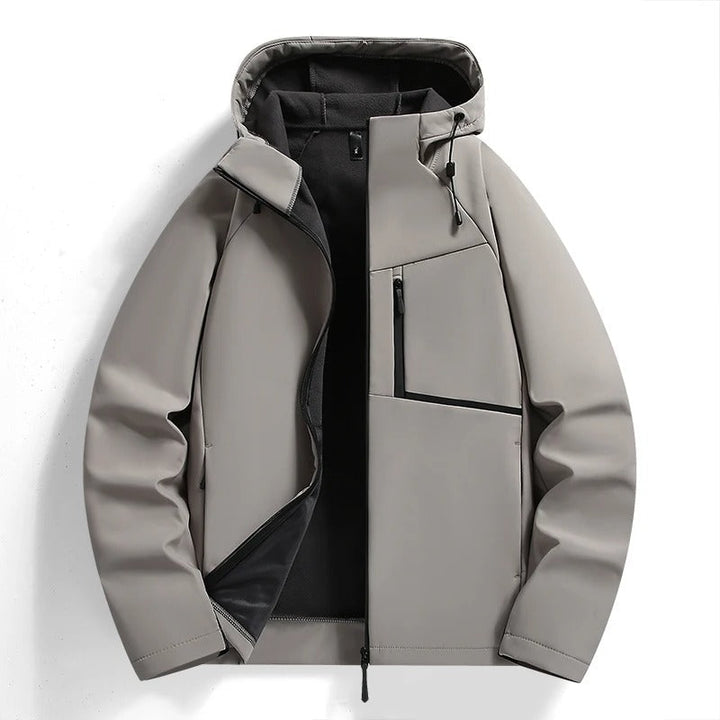 Classic windbreaker hooded jacket, rain-resistant & fleece-lined for men's and women's outdoor wear