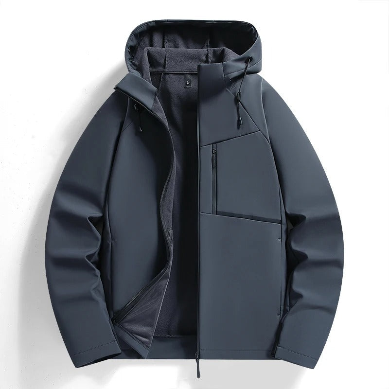 Stylish unisex casual jacket with hood, all-weather design, and cozy fleece lining for outdoor use