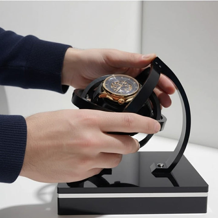 Stylish automatic watch winder displayed on a desk, a silent and elegant home decor addition for watch collectors.