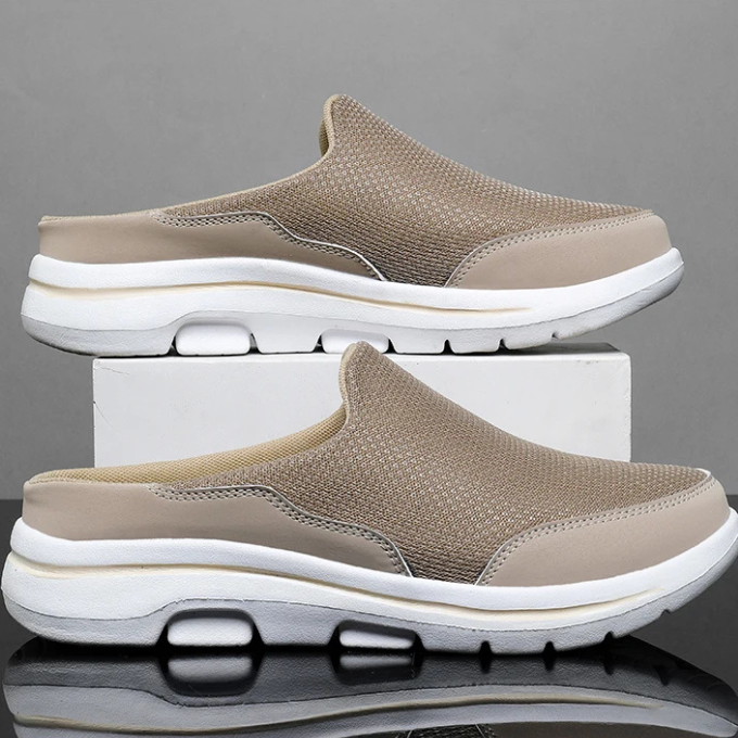Unisex backless comfort sneaker slides styled with casual clothing, demonstrating their versatility.