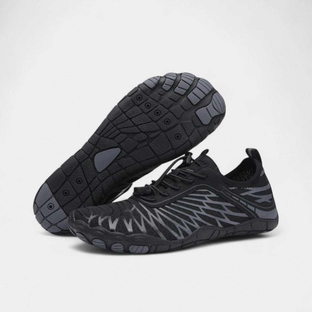 Lightweight unisex barefoot hiking shoes with wide toe box & flexible sole for natural trail walking.
