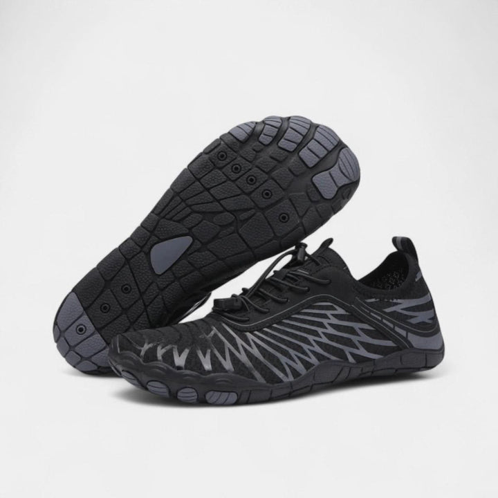 Lightweight unisex barefoot hiking shoes with wide toe box & flexible sole for natural trail walking.