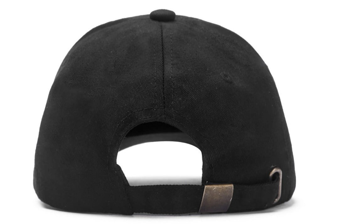 Close-up of unisex black classic cap with white embroidered logo, side view, stylish headwear