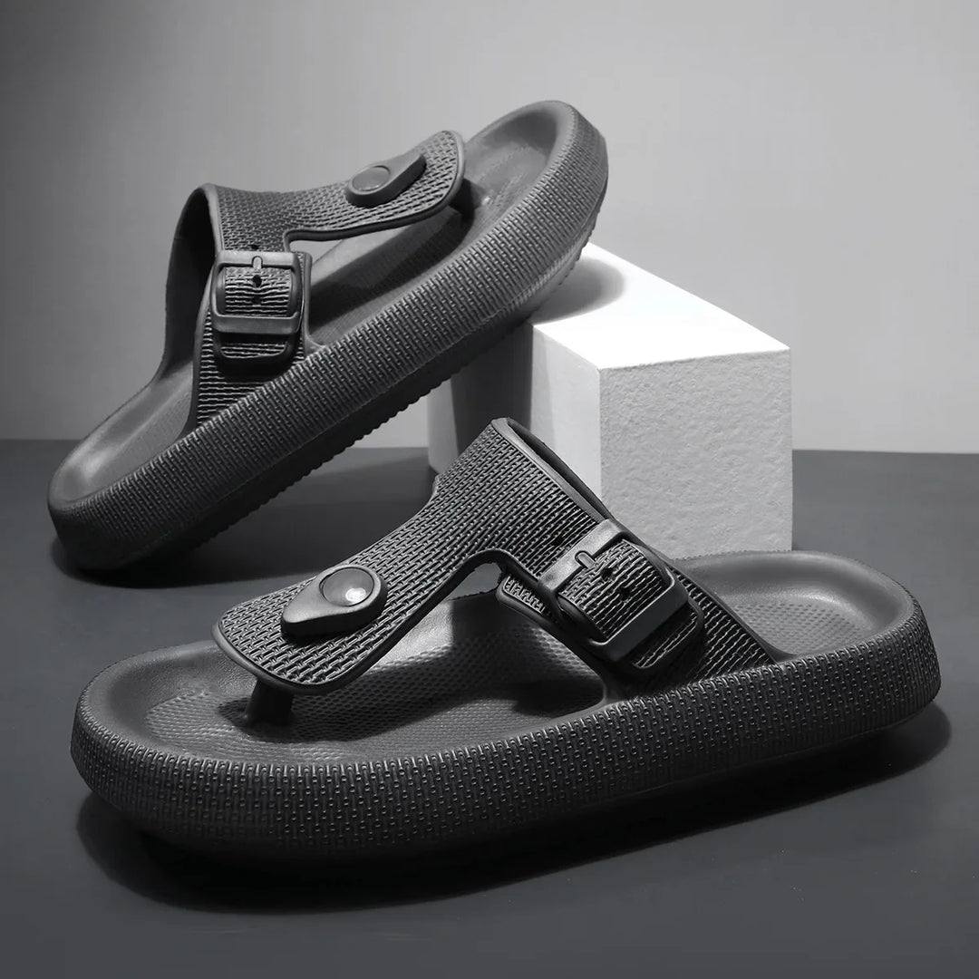 Side profile of a unisex cushioned slide sandal in green, designed for maximum comfort and support.