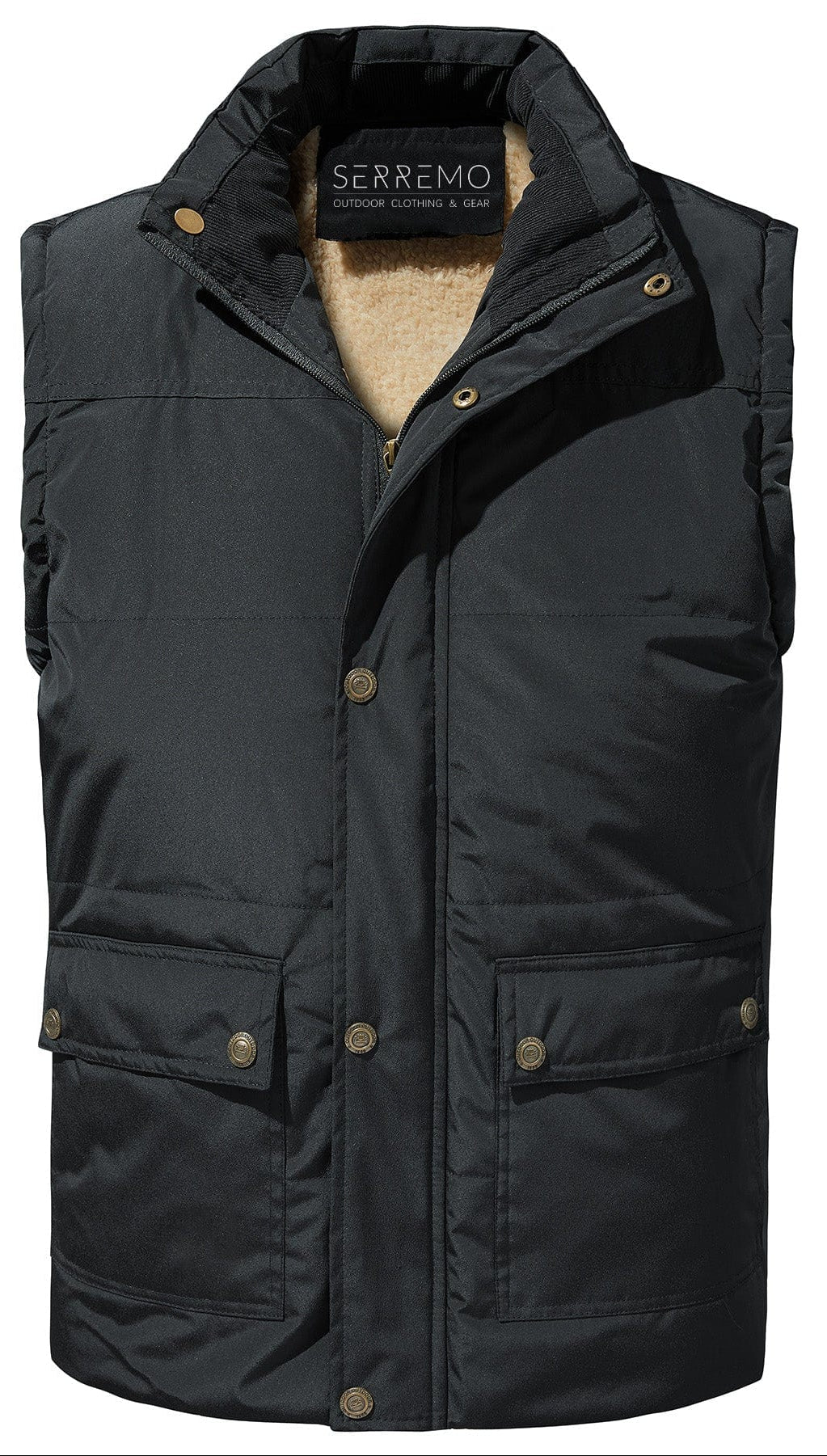 Side view of model wearing a unisex insulated hooded puffer vest in a neutral color