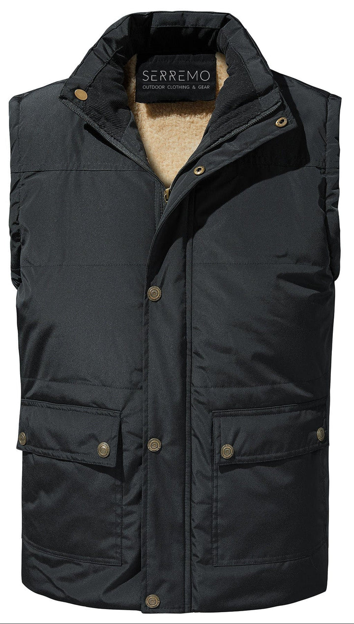 Side view of model wearing a unisex insulated hooded puffer vest in a neutral color