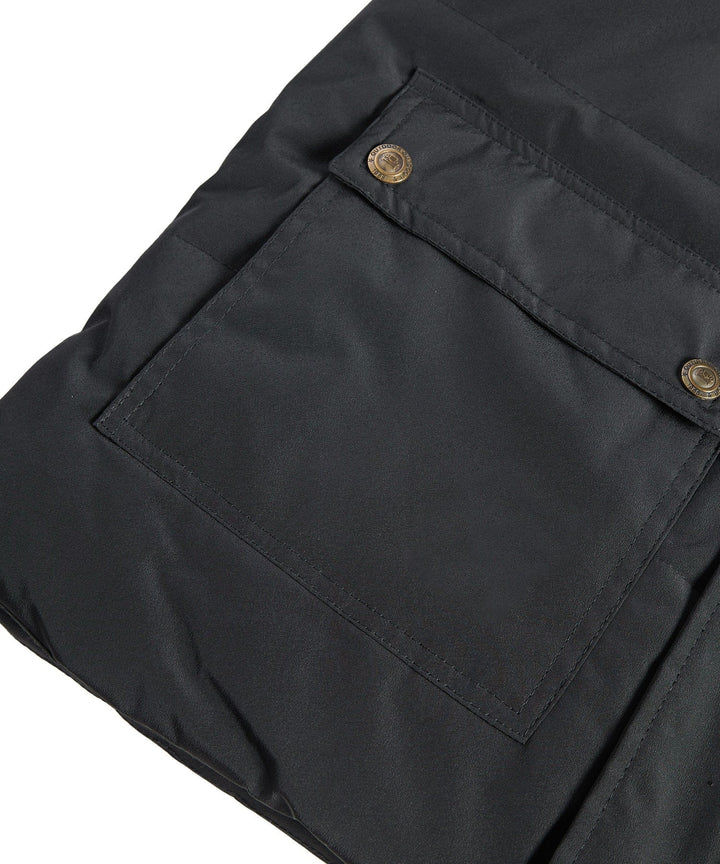Detail of the hood drawstring on a unisex insulated puffer vest, winter apparel