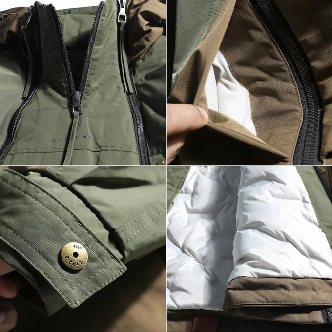 A stack of folded insulated techwear utility jackets, ready for cold weather
