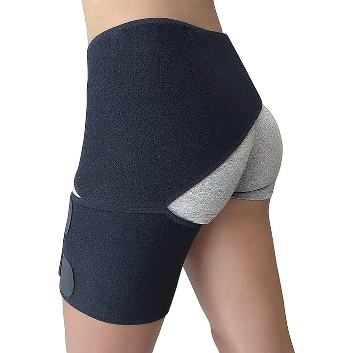 Unisex black orthopedic hip support brace for sciatica & hip pain relief, adjustable compression.