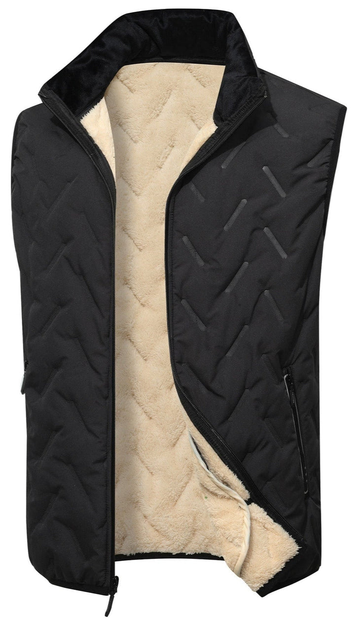 Unisex black quilted puffer vest with high collar, front view, perfect for layering on casual outfits