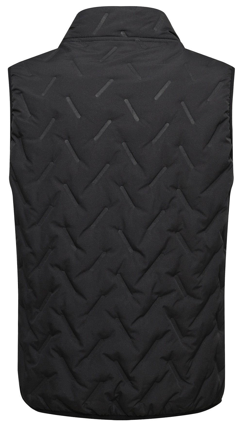 Close-up of the high collar on a unisex quilted puffer vest, highlighting the texture and design