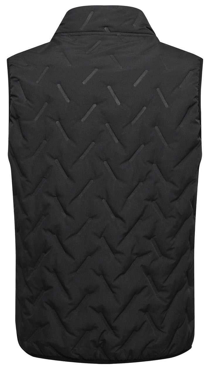 Close-up of the high collar on a unisex quilted puffer vest, highlighting the texture and design