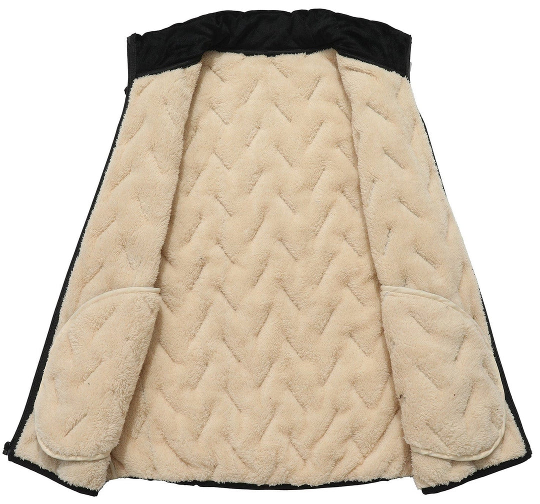 Side profile of a unisex olive green quilted puffer vest, ideal for adding warmth to any look
