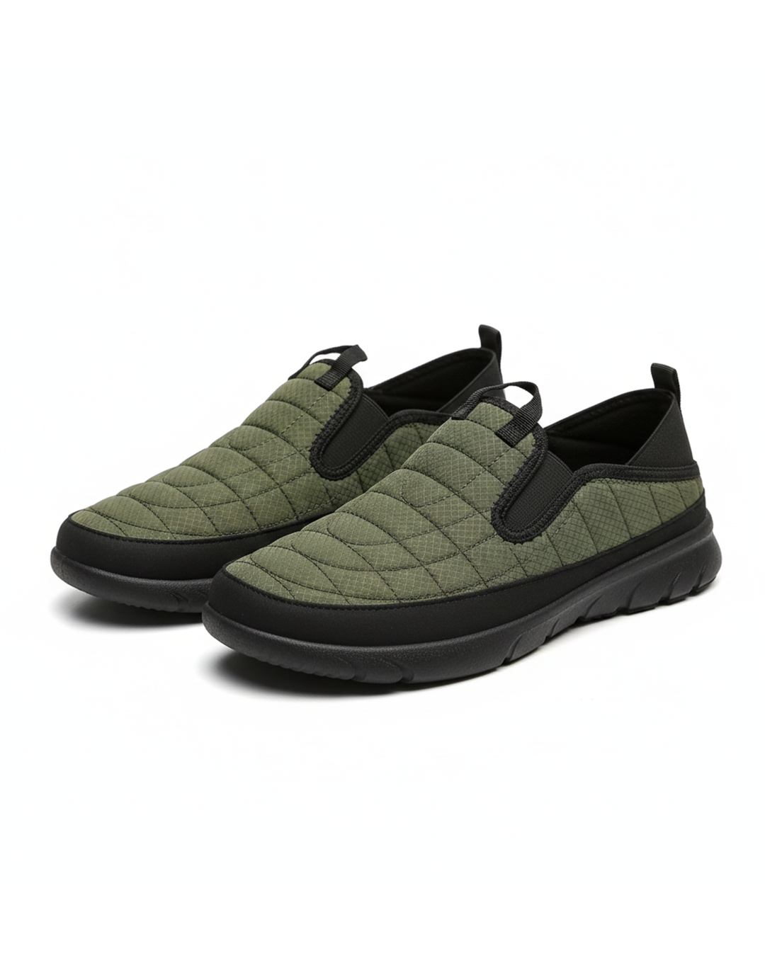 Unisex black slip-on comfort casual shoes with quilted puffer design, ideal for walkers