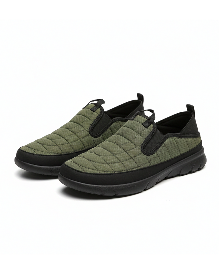 Unisex black slip-on comfort casual shoes with quilted puffer design, ideal for walkers
