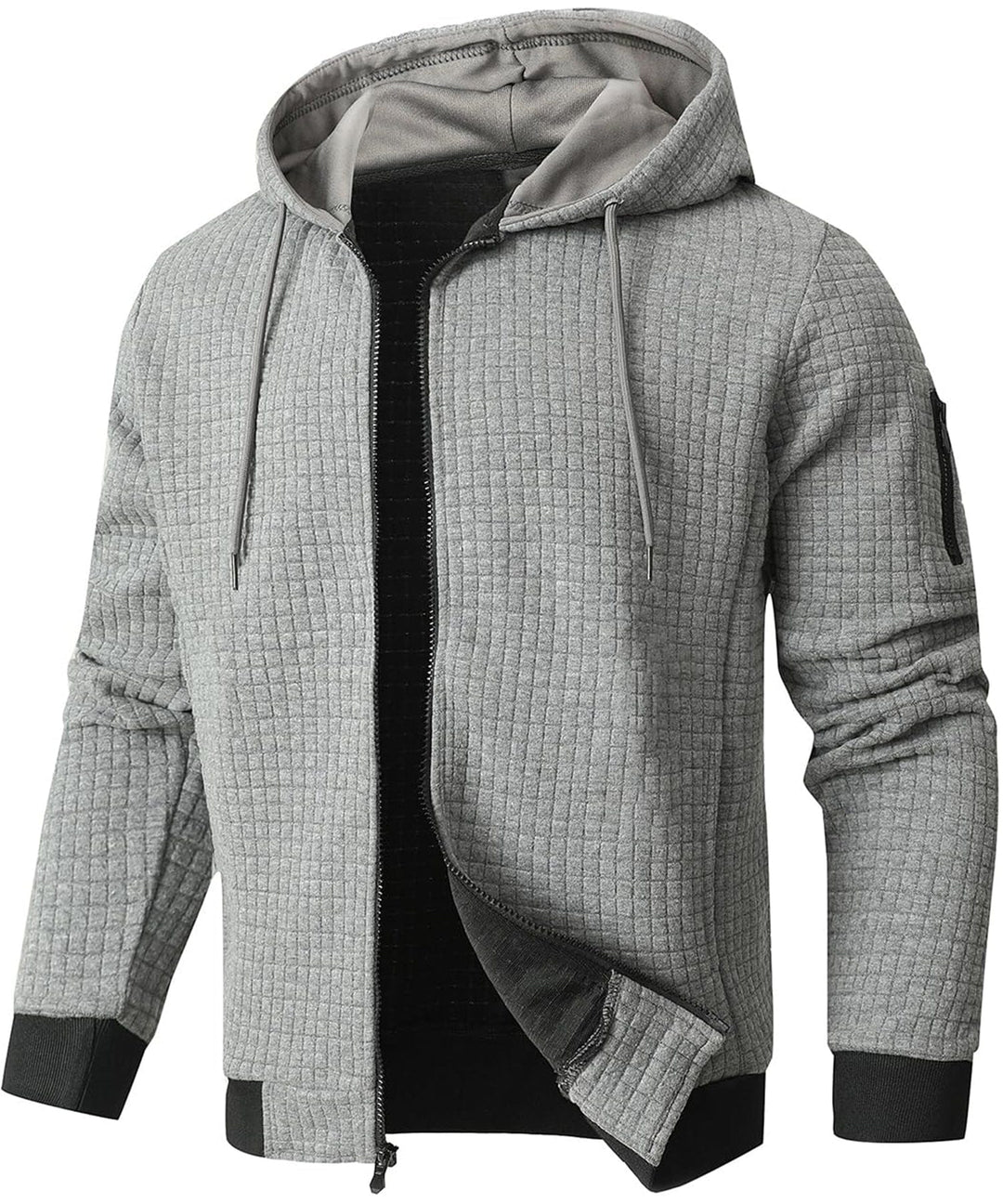 Unisex gray thermal adventure hoodie with front pocket, perfect for cold weather outerwear