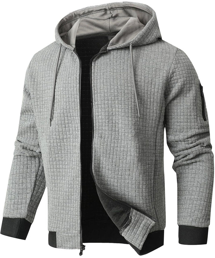 Unisex gray thermal adventure hoodie with front pocket, perfect for cold weather outerwear