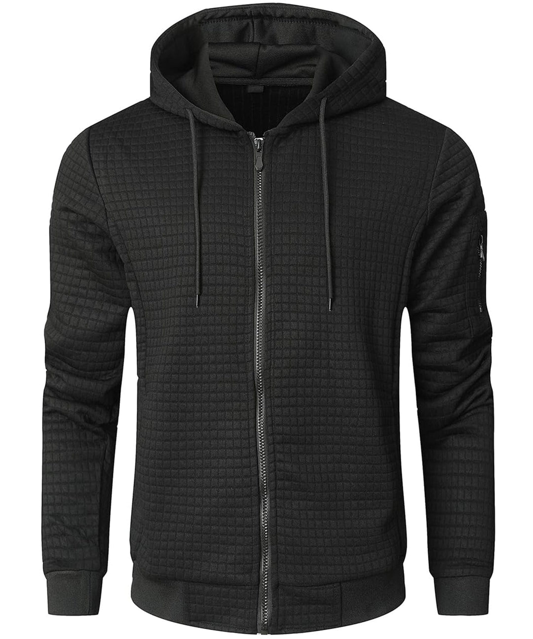 Model wearing a black unisex thermal adventure hoodie, ideal for casual and active wear