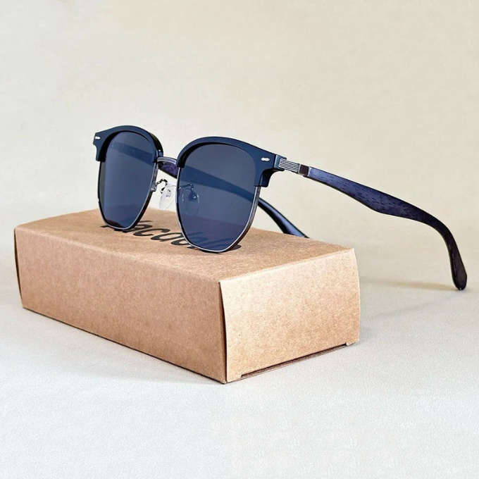 Fashionable woodgrain sunglasses for men and women, featuring a bold double bridge and UV protective lenses