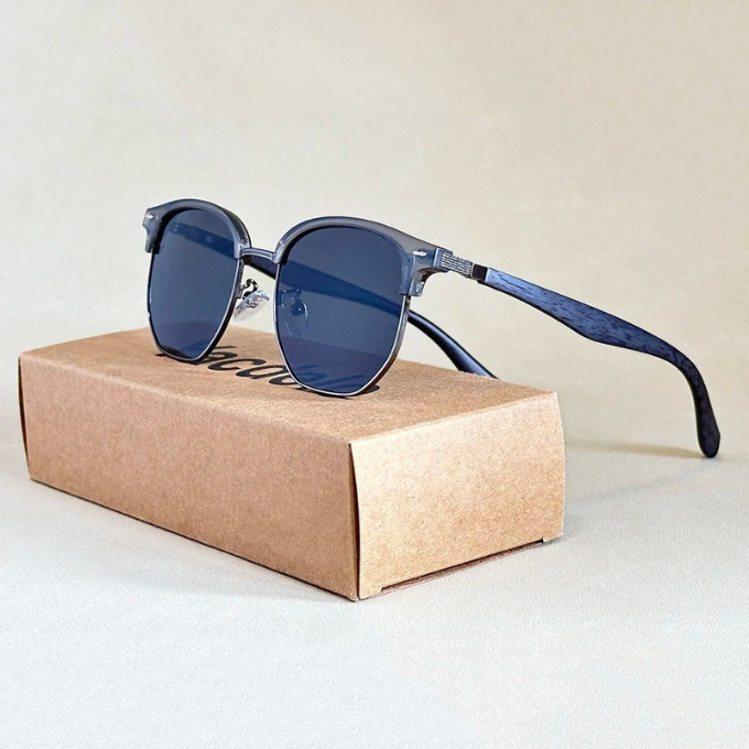 Close-up of bold double bridge sunglasses with unique woodgrain texture, trendy and UV protected
