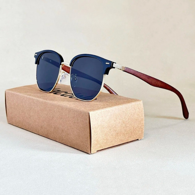 Unisex woodgrain double bridge shades for sun protection, emphasizing bold style and polarized lenses