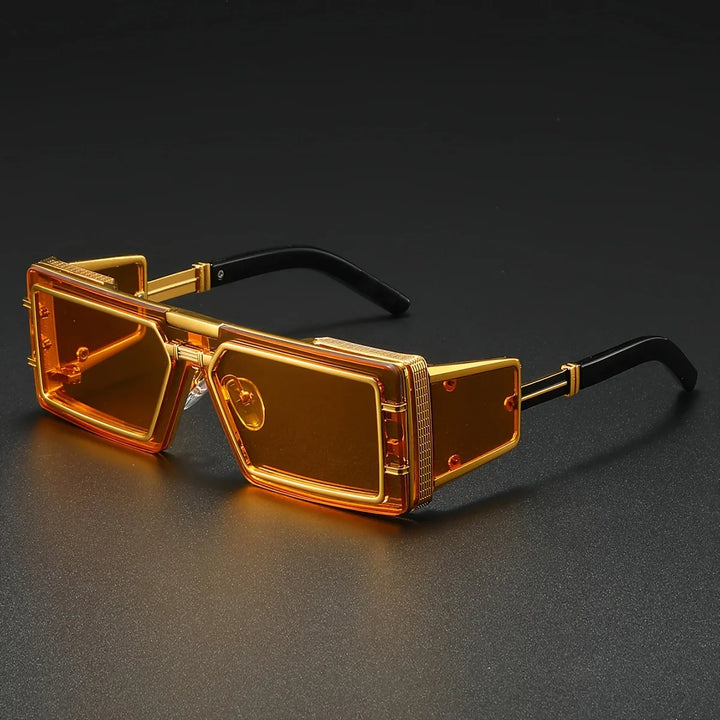Fashionable geometric aviator sunglasses, unisex, featuring a bold frame and golden accents.