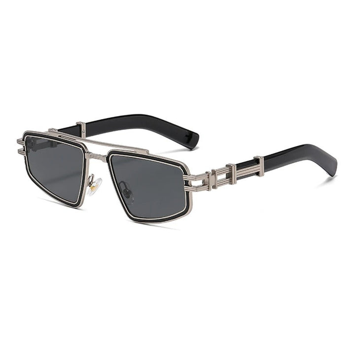 Unisex geometric sunglasses in a stylish case, representing bold fashion eyewear and UV protection